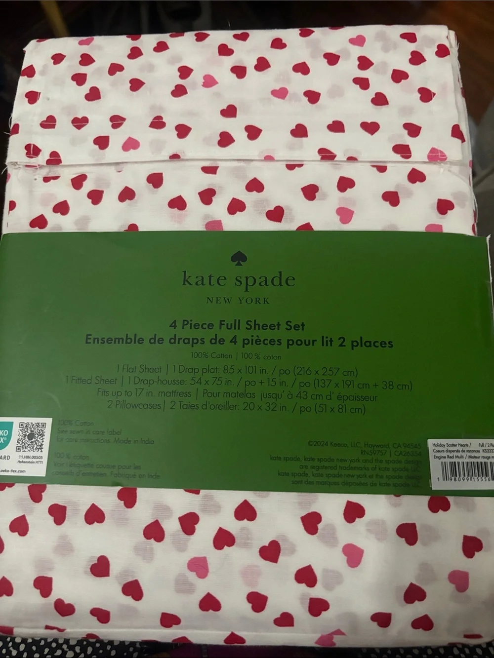 kate spade White Sheet Set with Red and Pink Hearts